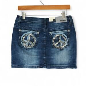 Grace in LA Skirt Womens M Embellished Rhinestone Peace Sign Designer Denim Jean